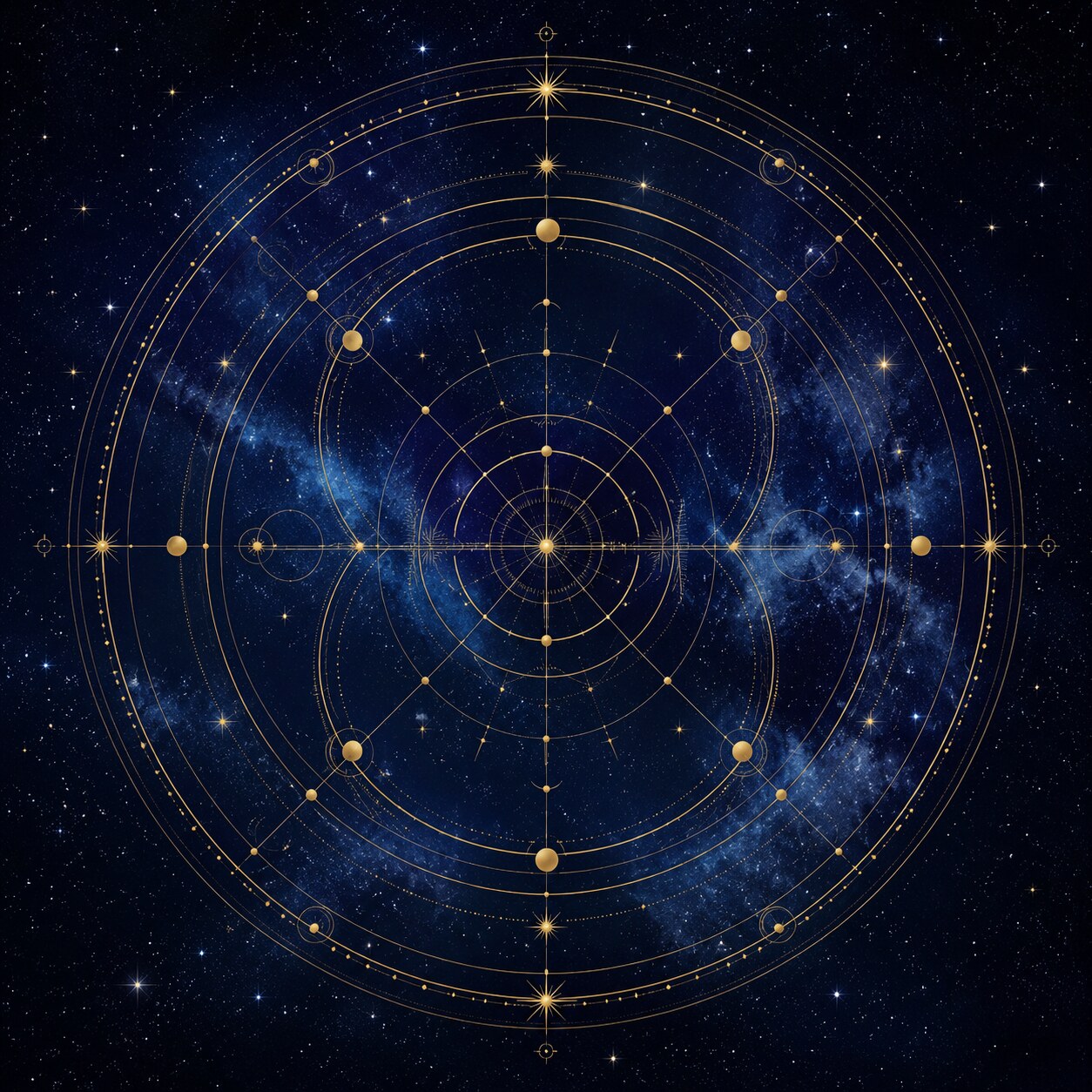 Ciel étoilé bleu nuit avec cercle astrologique doré