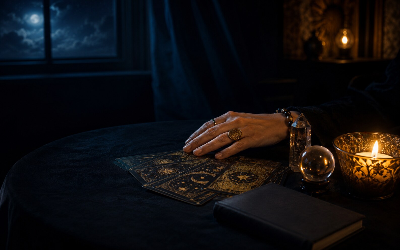 Table de consultation nocturne avec cartes oracle, bougie et cristal